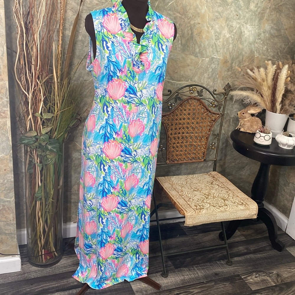Lulu B 🌹 long maxi dress seashell nautical beach ocean coral waves multi